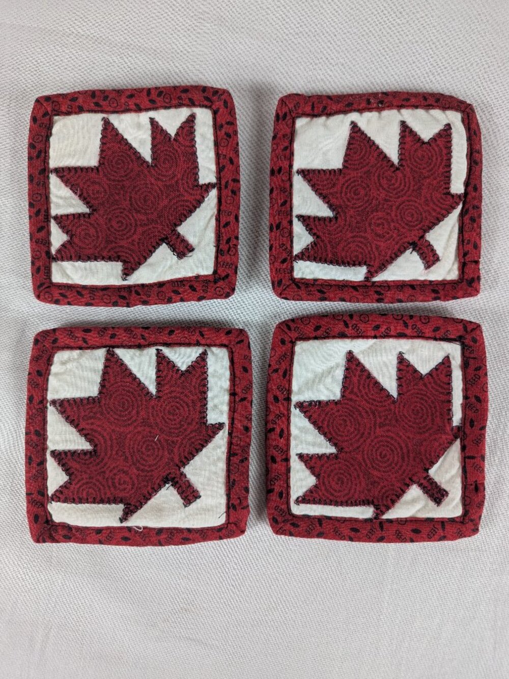Maple Leaf Quilted Coaster Square Canada Canadian Red White Quilt Homemade Craft